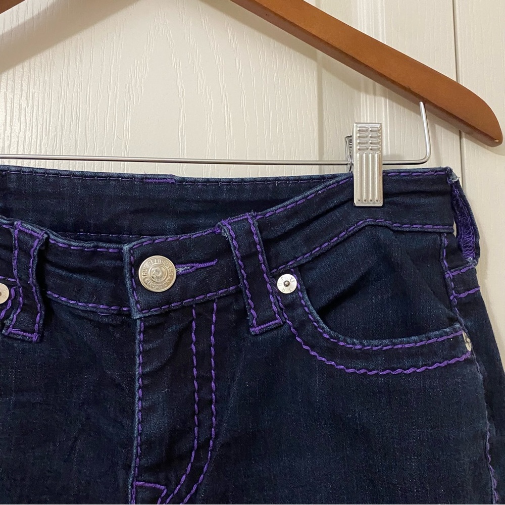 Y2k true religion dark blue wash skinny jeans with purple contrast stitching